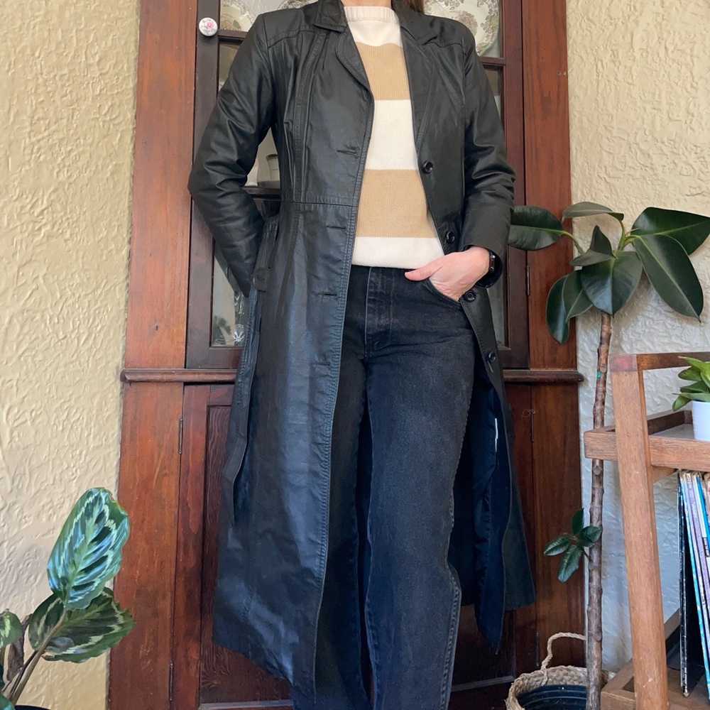 Vintage 80s leather duster trench coat Split Ends Ltd. Black coat jacket - Picture 5 of 13